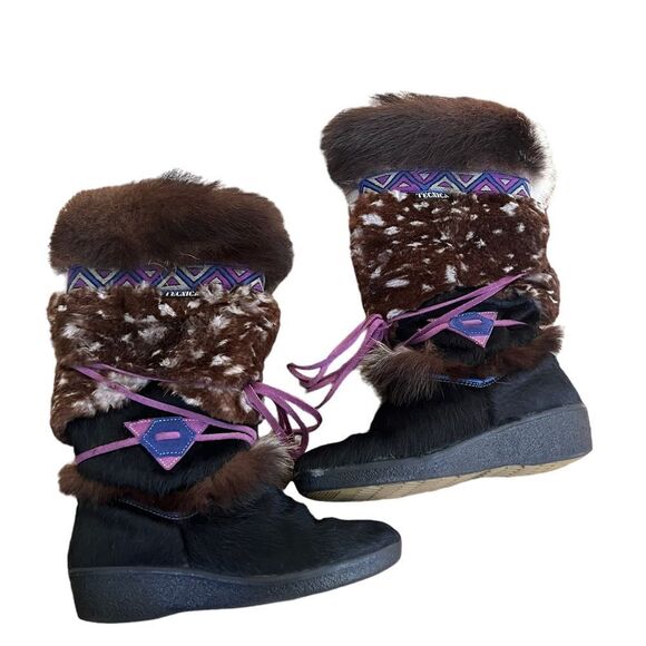 TECNICA Goat Fur Winter Boots Italy Leather Wedge Women 37/5 - Picture 1 of 11
